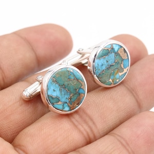 Turquoise Cufflinks, Sterling Silver Cufflinks for Men, Round Handmade Cufflinks, Groom Wedding Gift, Men&#39;s Shirt Accessories