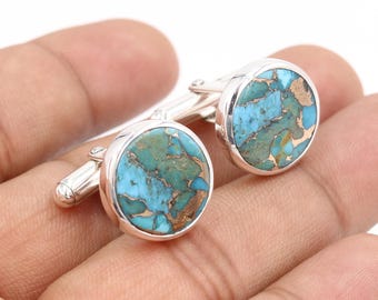 Turkoois manchetknopen, 925 sterlingzilveren manchetknopen voor mannen, ronde handgemaakte manchetknopen, bruidegom bruiloft sieraden geschenken, shirt accessoires heren