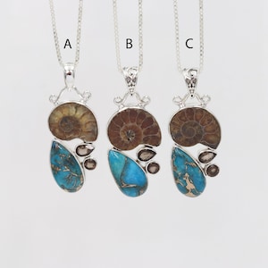 Türkis Halskette, Silber Halskette, Anhänger Halskette, Ammonit Halskette, Edelstein Halskette, Stein Halskette, Rauchquarz Halskette Beste Geschenk