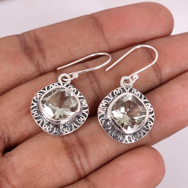 February Birthstone Jewelry,Cushion Cut Green Amethyst Earring Ethnic Design Green Amethyst Gemstone Sterling Silver Dangle Earring Jewelry