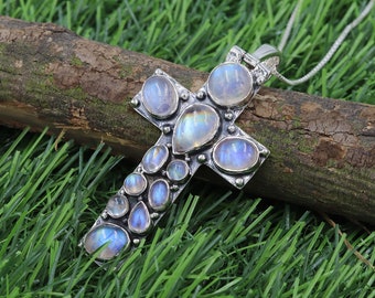 Rainbow Moonstone Cross Necklace, Sterling Silver Pendant, Handmade