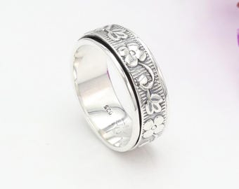 Spinner Ring, 925 Sterling Silver Ring, Flower Leaf Spinning Ring, Handmade Ring, Meditation Ring, Anxiety Ring, Worry Band Ring for Unisex