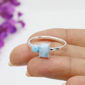 Larimar Ring, Sterling Silver Ring, Blue Stone Ring, Women&#39;s Ring, Gemstone Ring, Larimar Jewelry, Statement Boho Ring, 2 Stone Ring for Her