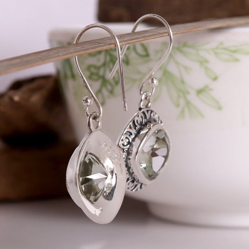 February Birthstone Jewelry,Cushion Cut Green Amethyst Earring Ethnic Design Green Amethyst Gemstone Sterling Silver Dangle Earring Jewelry