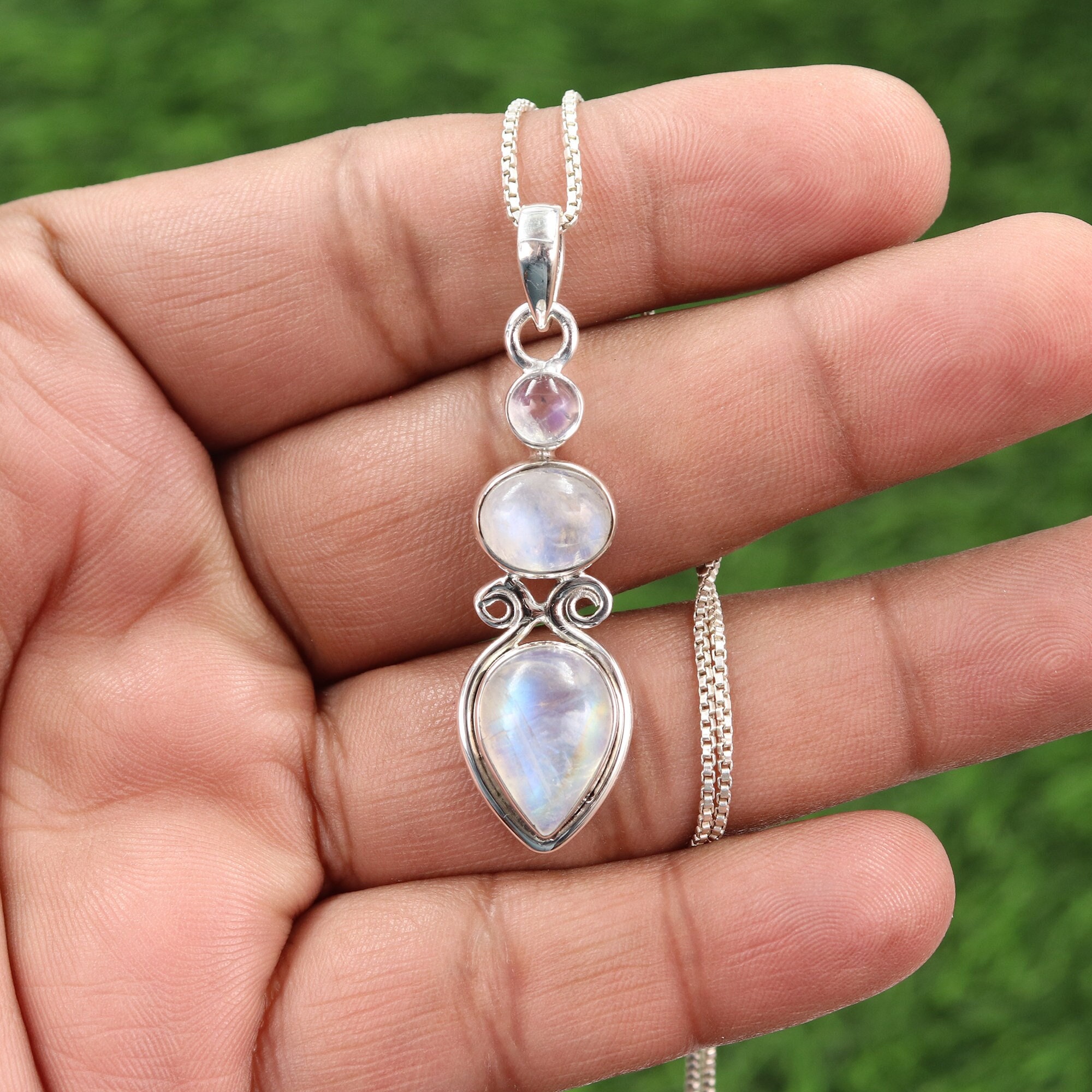 SilverStarJewel 925 Sterling Silver Rainbow Moonstone Necklace - 17.3 Inch Artisan Jewelry, Handmade - View #11