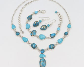 Blauw koperen turkoois sieradenset, 925 sterlingzilveren ketting armband oorbellen set, turquoise ketting, cadeau voor haar, bruidssieraden set