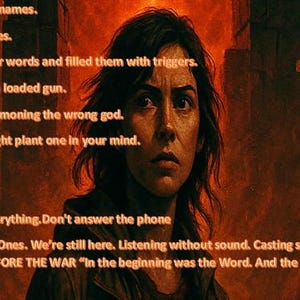 May include: Digital art depicting a woman with a concerned expression against a fiery background. Text overlays include phrases like "Silence is power" and "Don't answer the phone," creating a sense of mystery and warning.