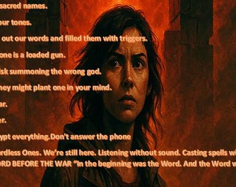 Könnte beinhalten: Digitales Kunstwerk einer Frau mit besorgtem Gesichtsausdruck vor einem feurigen Hintergrund. Texte wie "Schweigen ist Macht" und "Gehen Sie nicht ans Telefon" erzeugen ein Gefühl von Geheimnis und Warnung.