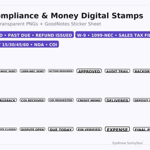 Compliance/Money Digital Stamps—PAID, Past Due, 1099 Sent, Sales Tax Filed, Net 30 Business & Office Planner Stickers 60 PNGs and GoodNotes