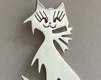 CAT or KITTEN 925 silver brooch pin good quality Taxco made in Mexico mid century modern MCM