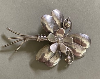 Antique STERLING SILVER brooch pin signed Davis unique & dimensional with floral motif and engraved detail—fine craftsmanship