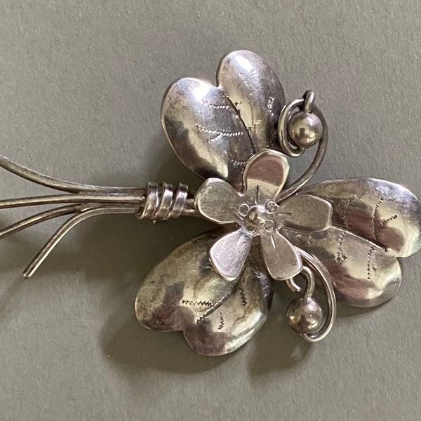 Antique STERLING SILVER brooch pin signed Davis unique & dimensional with floral motif and engraved detail—fine craftsmanship