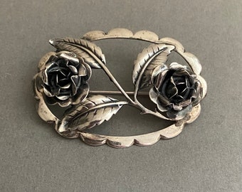 FLORAL ROSE sterling silver BROOCH pin with unique dimensional profile & design with scalloped border ~ Spring Sale