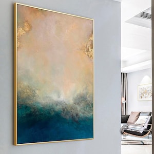 Blue & Gold Hand-Painted Abstract Art, Blue And Gold Leaf Painting on Canvas, Modern Blue Wall Decor For Living Room, Gold Canvas Art