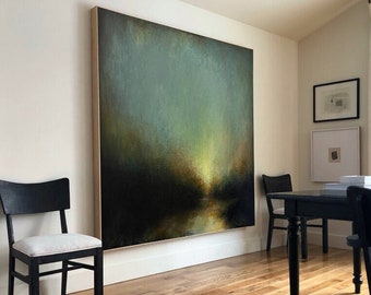 extra large abstract wall art oversized for living room, dark academia decor, sage green original framed painting, dark painting on canvas