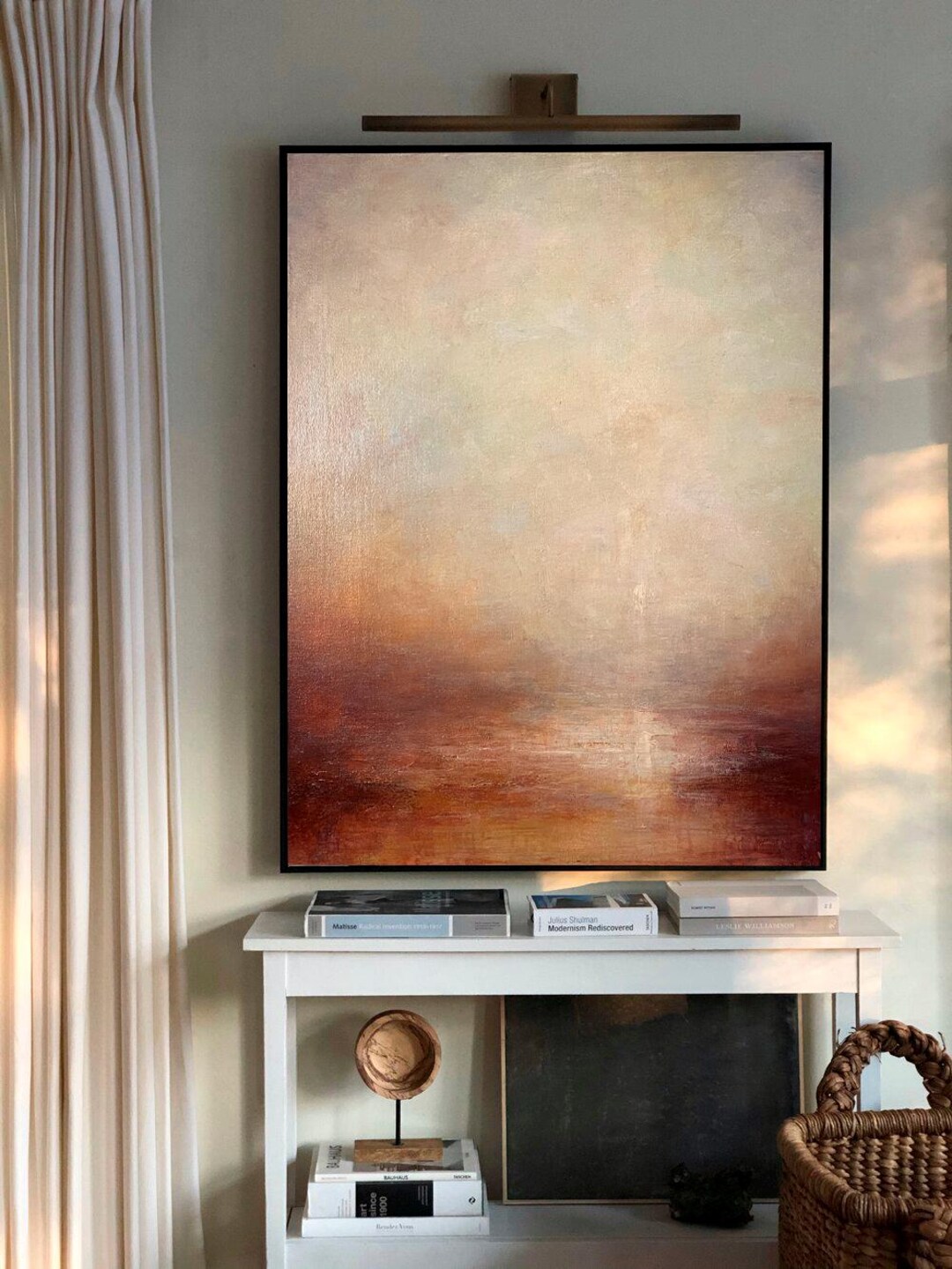 Large Vertical Original Painting on Canvas, Trendy Beige Ocher Wall Art ...