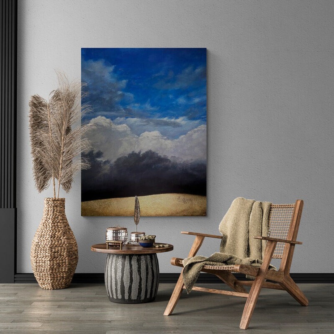 Wall Decal Living Room, Modern Vertical Wall Art Blue and Gold