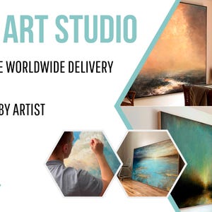 Op de afbeelding: Een banneradvertentie voor Milto Art Studio, met verschillende abstracte schilderijen in verschillende kleuren en formaten. De tekst op de banneradvertentie luidt "Milto Art Studio", "Express & Free Worldwide Delivery", "FedEx. Ups Express", "Hand Painted by Artist", "Safe Packing", "Unique Art" en bevat social media-iconen voor Facebook, Pinterest en Instagram.