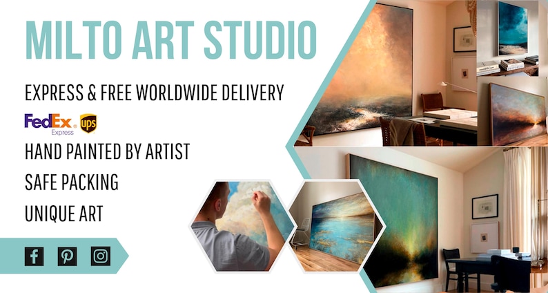 Op de afbeelding: Een banneradvertentie voor Milto Art Studio, met verschillende abstracte schilderijen in verschillende kleuren en formaten. De tekst op de banneradvertentie luidt "Milto Art Studio", "Express & Free Worldwide Delivery", "FedEx. Ups Express", "Hand Painted by Artist", "Safe Packing", "Unique Art" en bevat social media-iconen voor Facebook, Pinterest en Instagram.