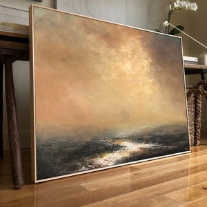 original oil painting on canvas, large artwork, abstract panoramic wall art horizontal, over the bed wall decor for bedroom, ocher moody art