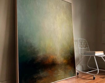 Dipinto ad olio verticale di grandi dimensioni, dipinti extra large, arte murale astratta verde salvia, opera d'arte minimalista verde