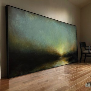 large wall art oversized horizontal, abstract landscape painting, over the bed bedroom wall decor, room decor aesthetic, dark academia art