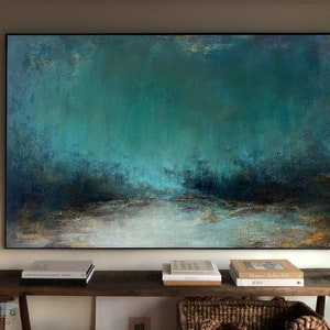 Turquoise Blau Grün lange Wand Kunst gerahmt Übergröße abstrakte Kunst Malerei horizontal Blattgold Kunst große Goldgerahmte Wandkunst modernes Wohndekor