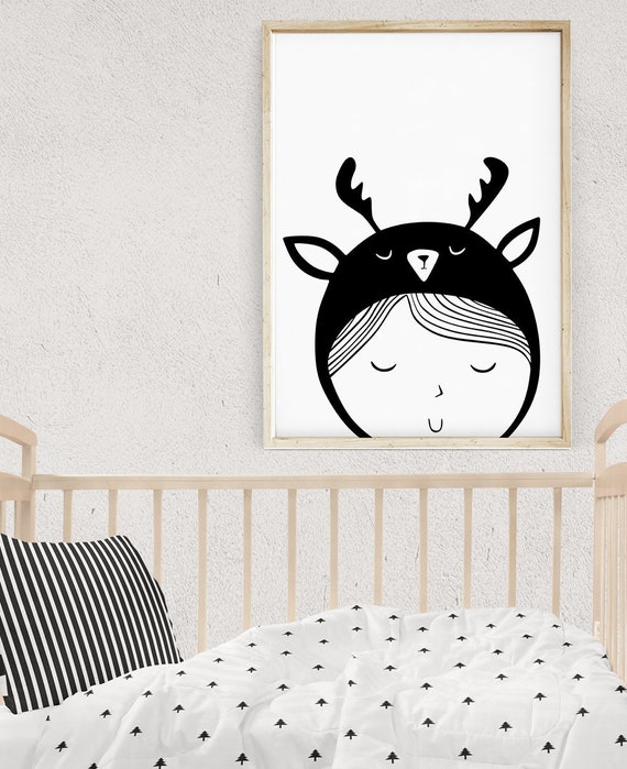 Girl Woodland Nursery Forest Theme Nursery Black And White Wall Art Deer Antler Wall Decor Scandinavian Prints Girl Illustration 16x20