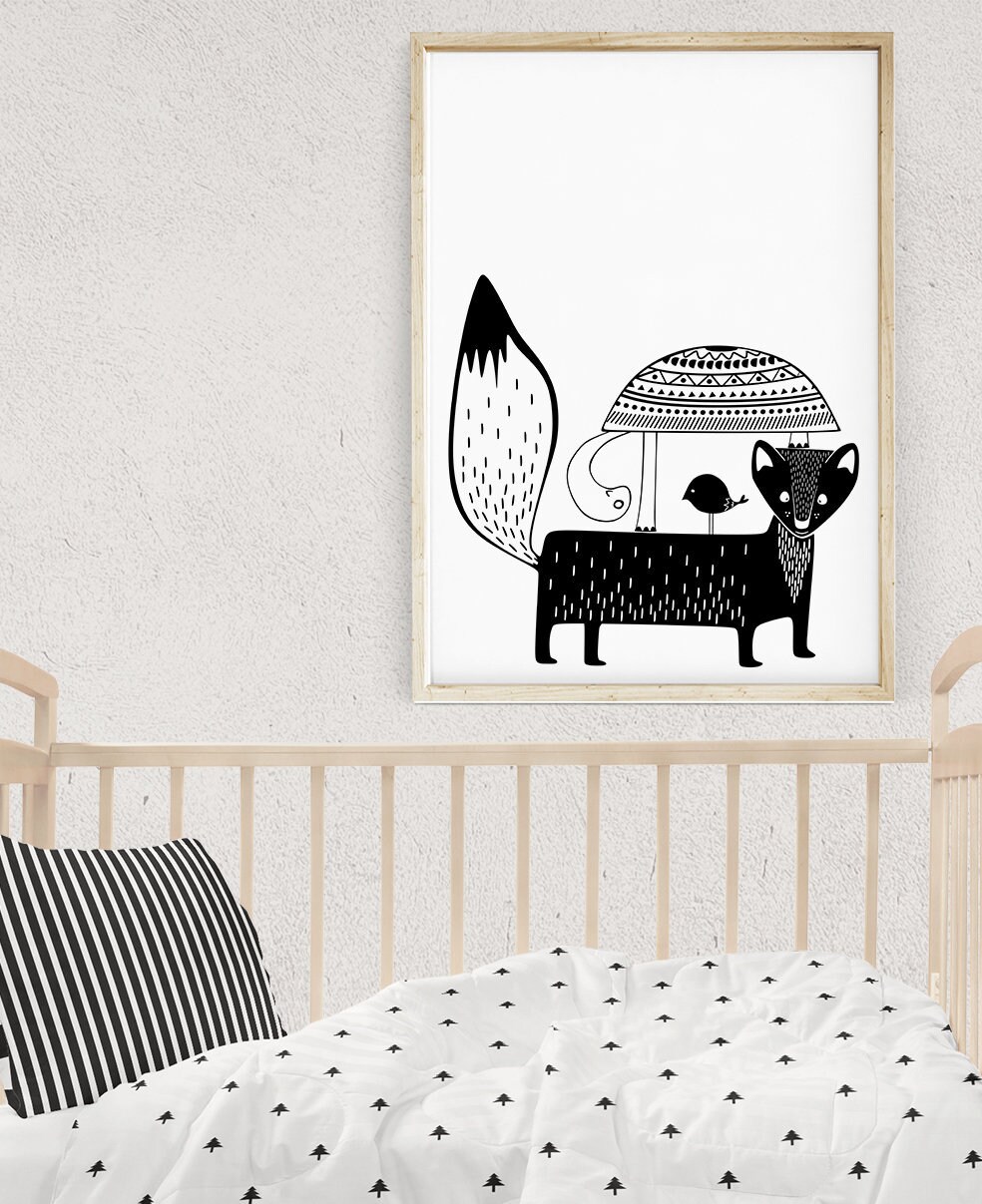 Children's Wall Art Black and White Nursery Woodland | Etsy