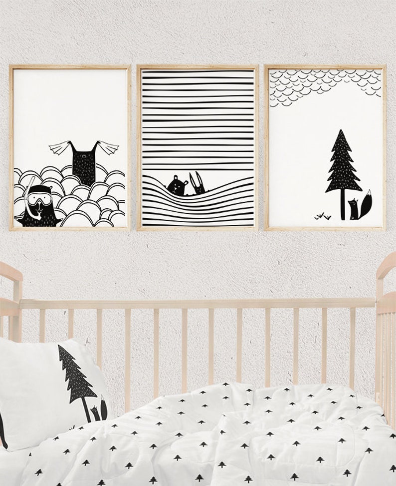 Black and White Nursery Wall Art Scandinavian Illustration Etsy