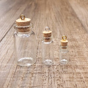 Set of 5 or more Tiny clear glass bottles with cork lid and eye screw loop EMPTY 15 ml, 8 ml, 2 ml, 1.5 ml 0.5 ml Mother's Day Graduation