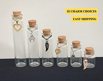 Pet Memorial Glass Jar Urn | Stainless Steel Charm Choices | Dog - Cat - Pet Loss | Cat Whiskers | Keepsake Fur Remembrance Gift |Paw Bottle