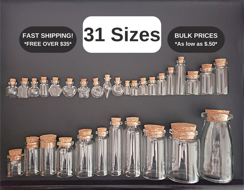 Empty Glass Bottles | 31 SIZES | BULK PRICES | Diy Fillable Tiny Quality Clear Shape Jar W/Cork Lid | Mini Pendant Vials for Herbs, Potions 