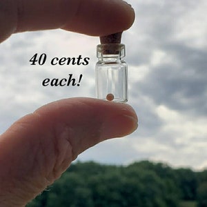 May include: A small glass bottle with a cork stopper, containing a single, round, white bead. The bottle is held by a finger, and the text "40 cents each!" is visible in the image.