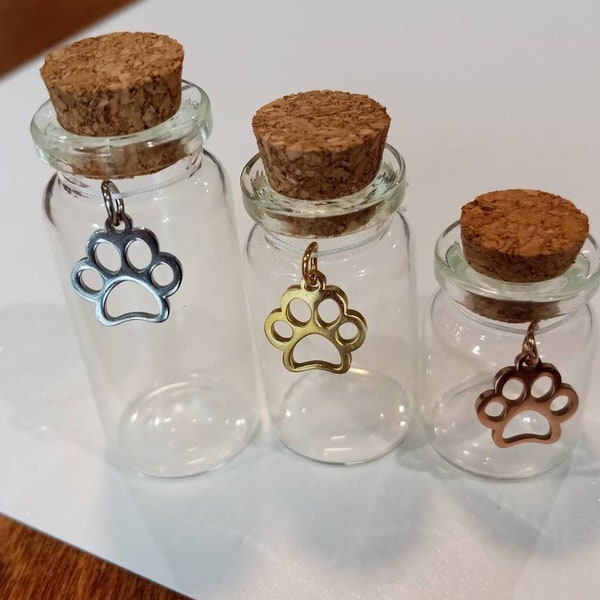 Paw Print charm glass bottle Empty fillable mini corked stopper STAINLESS STEEL Pendant Tiny Jar jewelry Pet Dog Cat Loss Memorial