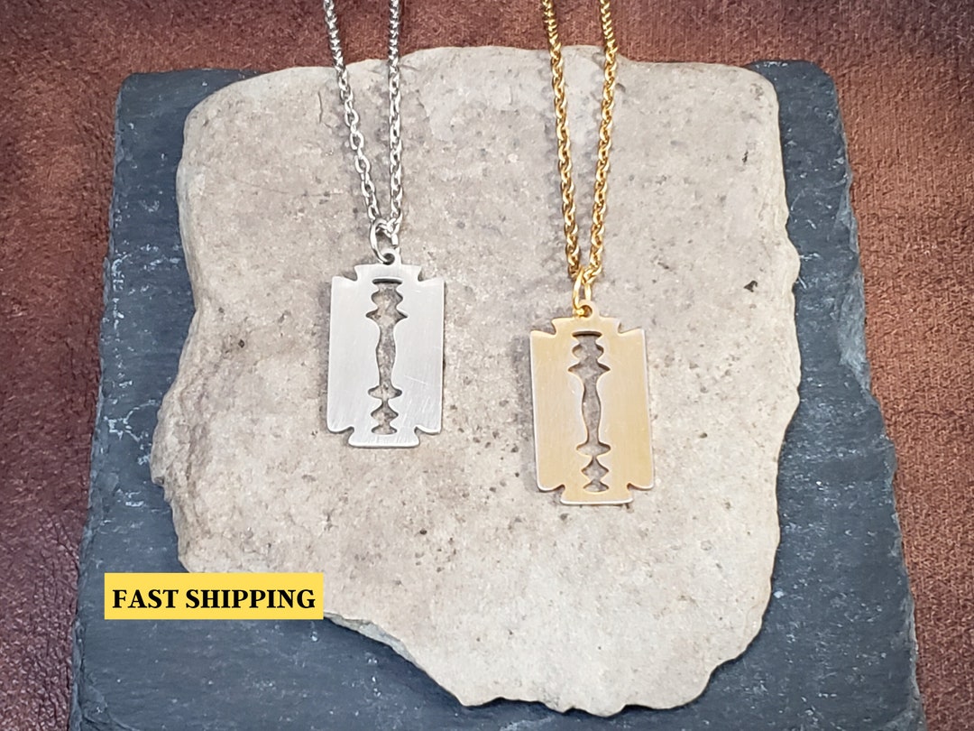 Razor Blade Necklace Stainless Steel Brushed Finish Pendant Silver OR