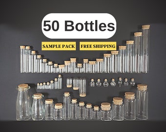 50 BOTTLES | Sample Pack - 1 Of EACH SIZE | Empty Glass Fillable Bottles W/Cork Lid | Free Shipping!