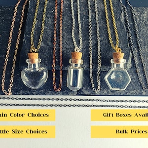 Glass Bottle Necklace |Brass Chain | Fillable Pendant Charm Mini Jar Keepsake | Wishing Vial Memorial | Shape Heart Cube Hexagon EMPTY