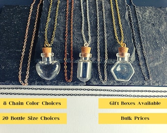 Glass Bottle Necklace |Brass Chain | Fillable Pendant Charm Mini Jar Keepsake | Wishing Vial Memorial | Shape Heart Cube Hexagon EMPTY