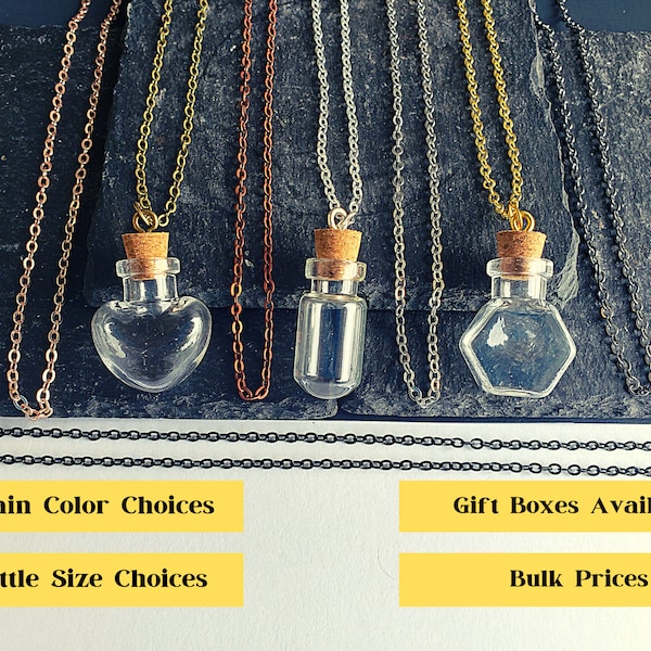 Glass Bottle Necklace |Brass Chain | Fillable Pendant Charm Mini Jar Keepsake | Wishing Vial Memorial | Shape Heart Cube Hexagon EMPTY