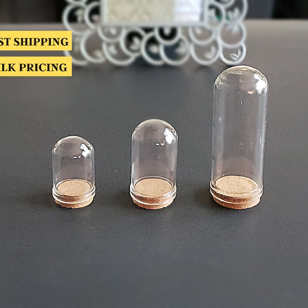 Glass Dome Bell Jar with Cork Base | 3 Sizes-Bulk Prices | Mini Clear Cloche Cover | Crafts, Dried Flower Display Jar, Doll House Decoration