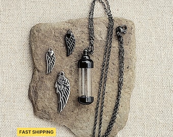 BLACK Empty Fillable Vial Bottle | Stainless Steel Necklace | Memorial Keepsake | Cremation Jewelry Urn - Ashes Holder Charm Pendant Capsule