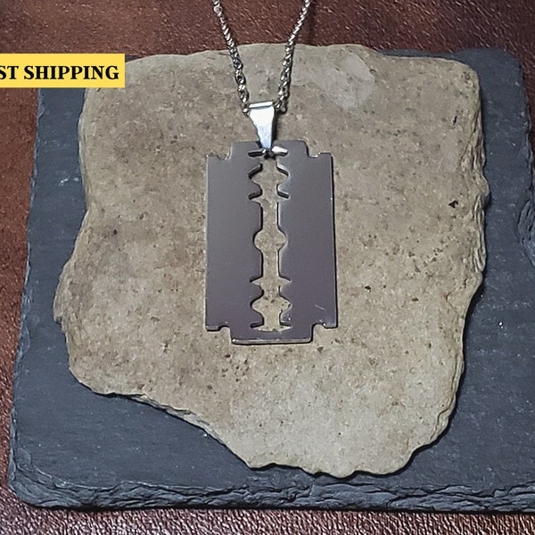 Stainless Steel Razor Blade Necklace | Brushed Finish Pendant | Razor Blade Jewelry | Men's / Women's Necklace