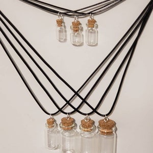 Empty fillable mini glass bottle charm corked stopper Black cord necklace Pendant Tiny Jar jewelry Stocking Stuffer Graduation b