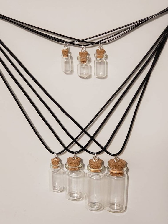 Empty Fillable Mini Glass Bottle Charm Corked Stopper Black Cord