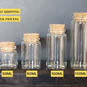 Large Glass Bottles | 50 - 80 - 100 - 150 ML | DIY Empty fillable Quality Clear Vase/Jar W/Cork | Vials for Herbs, Tea's, Spices, Home Décor