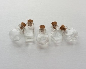 Set of 5 or more Tiny clear, round sphere Flat Round, hexagon, cuboid cube, Heart  glass bottles w cork lid EMPTY Bulk Stocking Stuffer