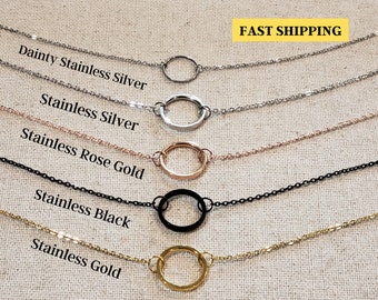 Stainless Steel Karma Eternity Circle Necklace | 5 Different Choices -Black - Gold -Rose Gold - SS | Hypo Allergenic, Waterproof, Minimalist