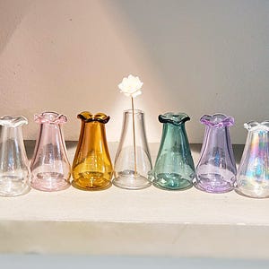 May include: A collection of seven small, colorful glass bud vases with ruffled rims. The vases are in shades of clear, pink, amber, green, and purple, with one iridescent. A single white flower is in one of the clear vases. The vases are arranged in a row.