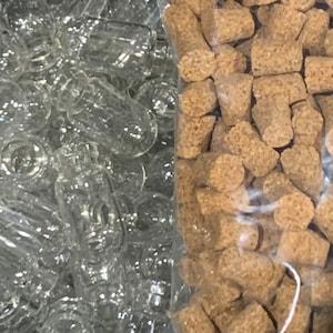 CLEARANCE - Lot of 50-200 Tiny Clear Glass Curved base bottles with cork lid - EMPTY fillable wish charm ornament perfume closeout